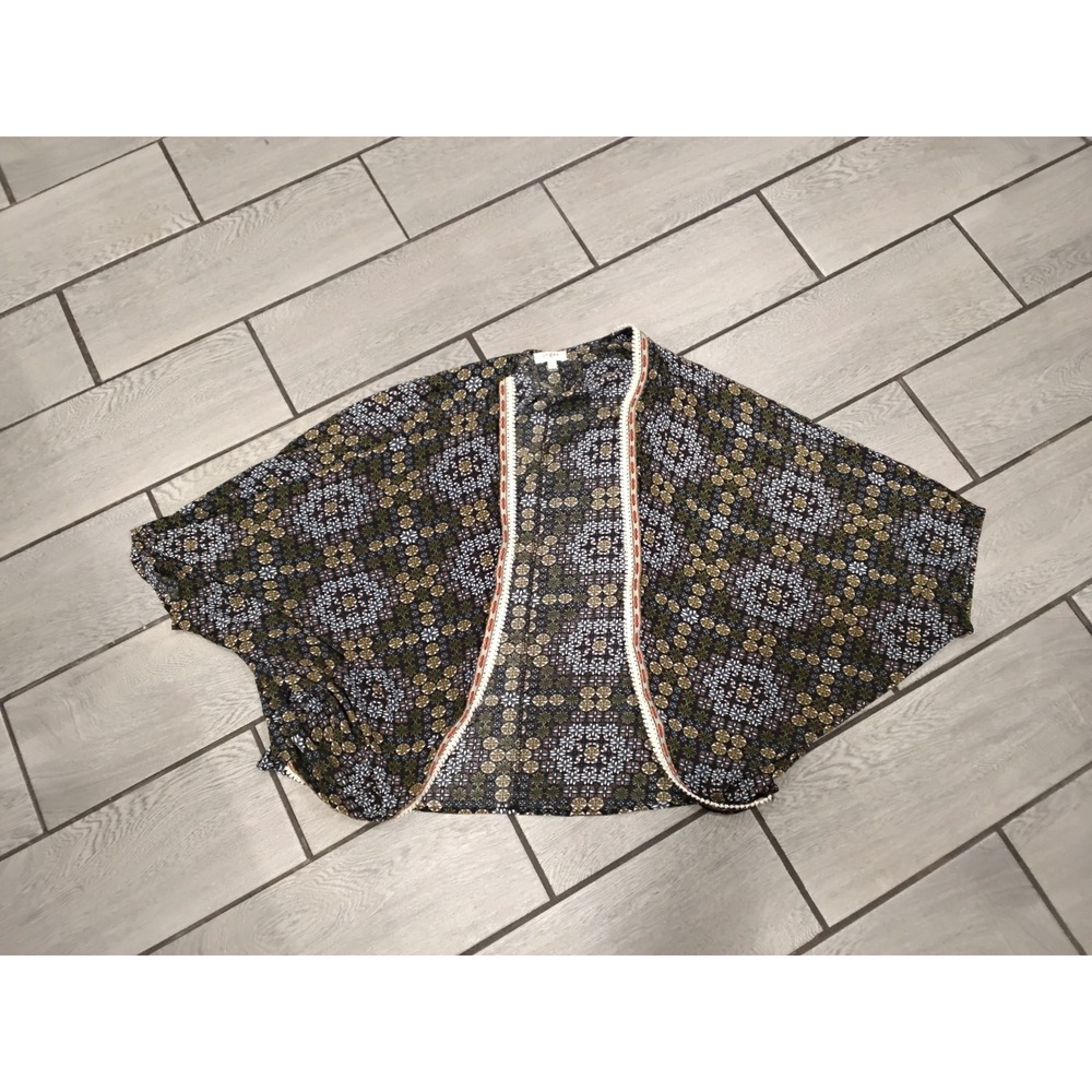 Umgee USA Womens Kimono‎ Cardigan M L Black Multi Geo Print Crochet Trim
